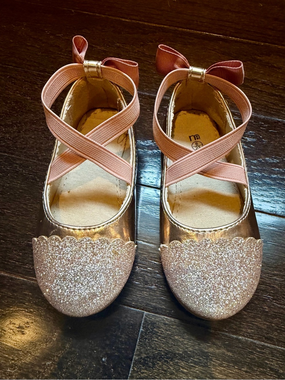 Toddler Girls Rose Gold Ballet Flats with Glitter Toe and Bow Straps 6T
